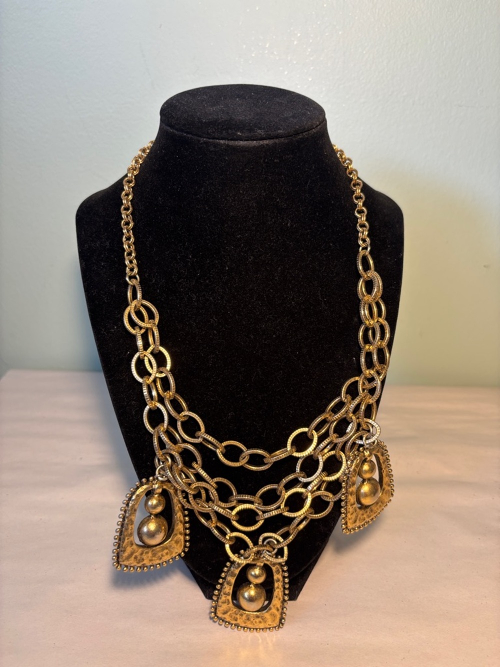 Yochi NY Gold Tone Multi-Strand Statement Necklace with Pendant Drops